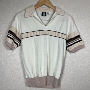 Vintage Peter B Polo Shirt Terry Cloth Cream Stripe Collared USA Men’s Small